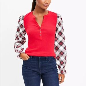 LOFT - NWT Plaid Henley Mixed Media Top - XS